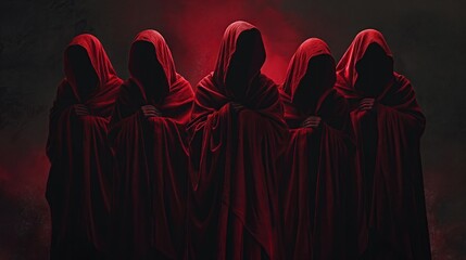 Generative Ai of Shadowy Figures Draped in Red Cloaks Concept for Secret Society Symbolism, Dark Authority Plots, and Mystic Group Meetings