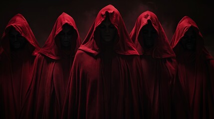 Generative Ai of Group of Hooded Figures in Red Robes Against a Dark Background Concept for Elite Secret Gatherings, Conspiracy Theory Visuals, and Societal Manipulation