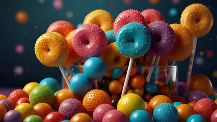 Mixed collection of colourful candy, on coloured background. Flat lay, top view. frame of colourful chocolate coated candy.
