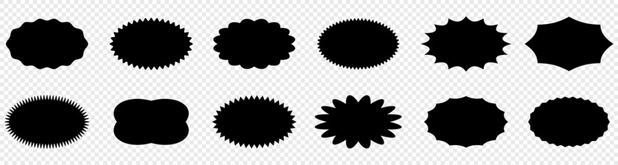 Set of vector sticker icon featuring a black star-shaped label for promotions or quality assurance. This versatile design element can be used as a template for your blank designs © malinka_bond