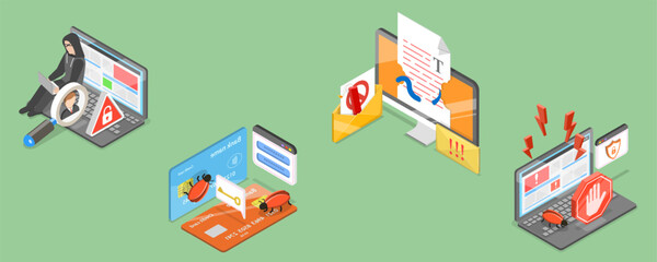 Naklejka premium 3D Isometric Flat Vector Illustration of Computer Crime, Cyber Security Breach