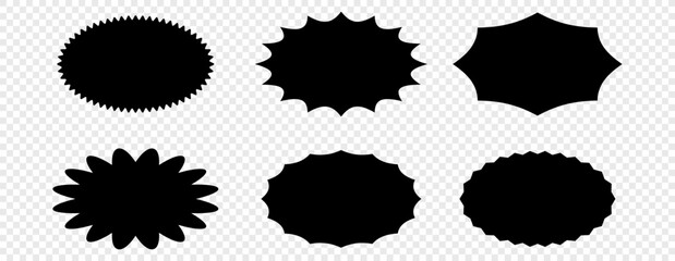 Vector illustration of a black star-shaped price tag or quality mark sticker with a promotional sale stars or sunburst label icon. It serves as a blank design template