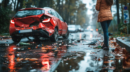 Fototapeta premium Woman walking toward crashed red vehicle