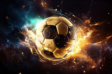Fototapeta premium A soccer ball is on fire and is surrounded by golden electrical sparks