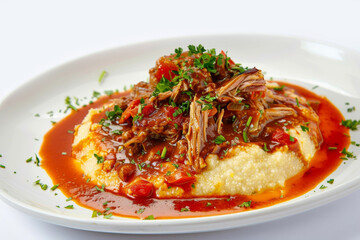 Cajun Pulled Pork and Grits with Spicy Tomato Sauce