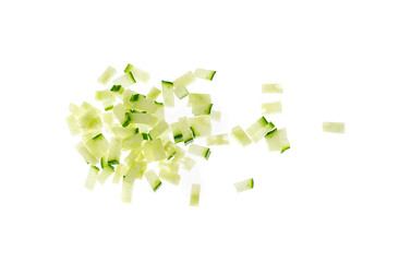 Fototapeta premium Cucumber cut isolated, cucumber slices macro, green vegetable cuts for salad isolated, healthy fresh pieces