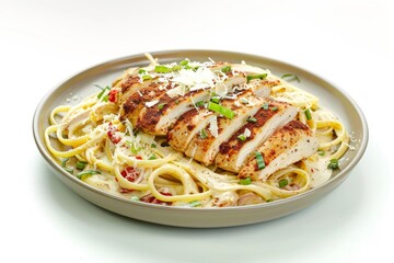 Fototapeta premium Delicious Chicken Alfredo with Blackened Chicken and Sun-Dried Tomatoes