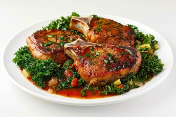 Cajun Pork Chops with Spicy Tomato Sauce and Crispy Kale