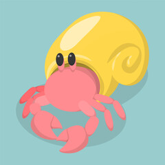 3D Isometric Flat Vector Illustration of Hermit Crab, Underwater Crustacean Character