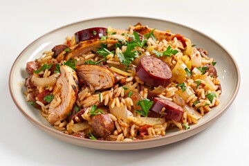 Fototapeta premium Cajun Chicken and Sausage Jambalaya: A Harmonious Blend of Herbs and Spices Infusing Rich Chicken Stock