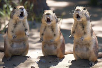 prairie dogs on the ground, A high-definition, super realistic image of three surprised prairie dogs, captured mid-reaction. The prairie dogs stand on their hind legs, their eyes wide and mouths open,