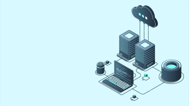Cloud technology computing animation. Modern cloud technology. Data center isometric concept. Isometric cloud technology with datacenter. Web hosting concept. 4K video animated in isometric style