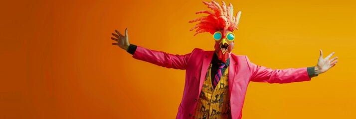 Freak in chicken mask dancing, masquerade, absurd carnival, having fun in costume party, weird mask head