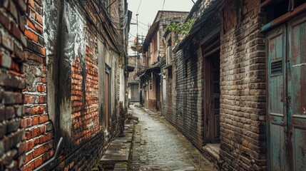 Fototapeta premium weathered brick walls of old impoverished houses in narrow alley urban decay and poverty concept gritty architectural photography