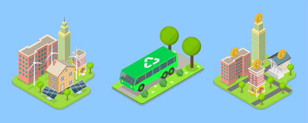 3D Isometric Flat Vector Illustration of Energy Efficiency, Essential Elements of Green City