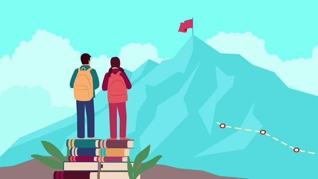 Cartoon animation of young boy and girl with backpack standing on pile of books on top of the rock looking to the top of a mountain, education, future plan, long journey