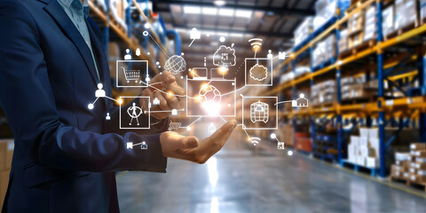 Businessmen hold virtual Supply chain icons by artificial intelligence technology for AI in logistics and supply chain management concepts. More accurate, reliable, and cost-effective operation design