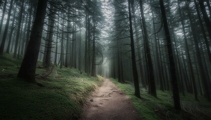 Fototapeta premium trail in foggy gloomy wet dark forest