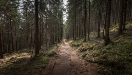 Fototapeta premium trail in foggy gloomy wet dark forest