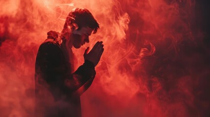 Obraz premium young man praying with intense devotion red smoke background spiritual worship and faith dramatic portrait photography