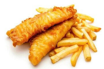 Fototapeta premium Fish and Chips Battered fish fillets with a pile of fries