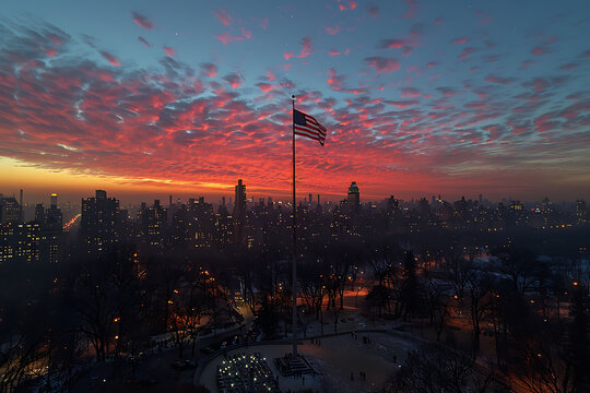 American flag proudly flying over city skyline captured majestic twilight photography using drone equipped lowlight capability star begin emerge sky city below glow patriotic fervor symbolizing