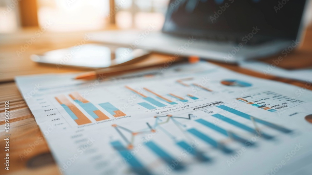 Fototapete a close-up of a financial report with charts and graphs showing investment portfolio performance, sy