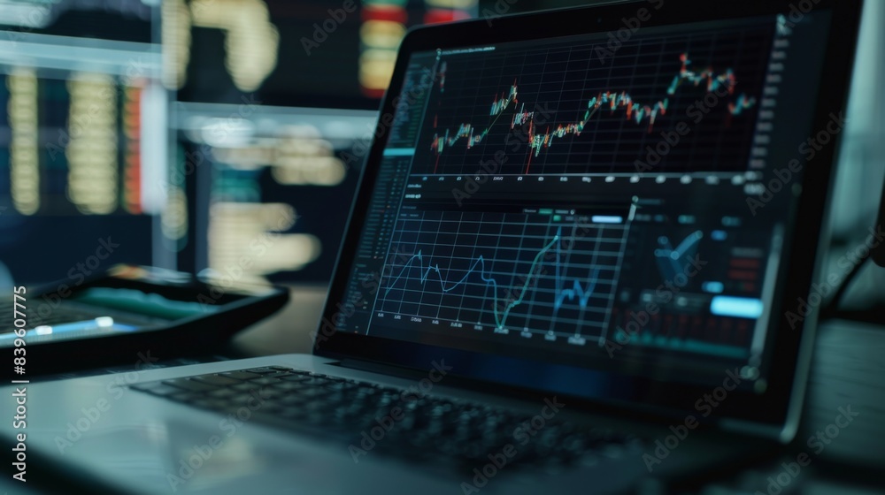 Aufkleber a close-up of a laptop screen displaying real-time stock market graphs and charts, symbolizing finan