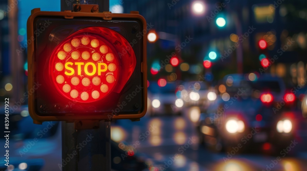 Poster A close-up of a red traffic signal, indicating 