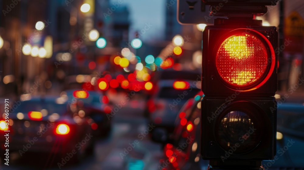 Poster a close-up of a red traffic signal, indicating 