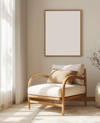 Mockup of a poster frame set against a minimalist, modern living room interior, featuring Scandinavian design elements.