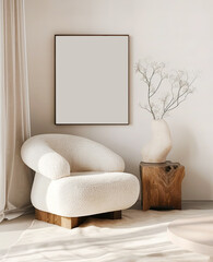 Mockup of a poster frame set against a minimalist, modern living room interior, featuring Scandinavian design elements.