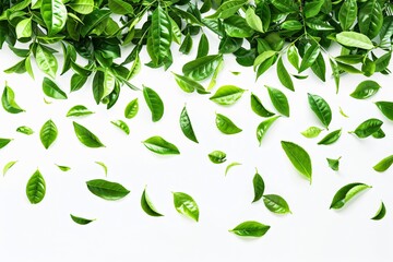 Close up green leaves on white surface