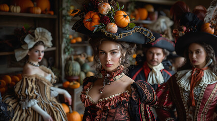 Fototapeta premium indoor Halloween costume party with guests dressed in elaborate costumes using Focus Stacking and HDR Imaging to capture the rich details and vibrant colors of the outfits