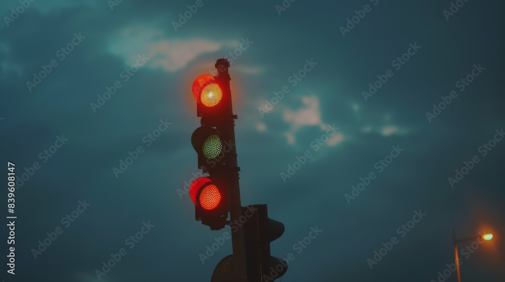 Fototapete A close-up of a traffic light with an overcast sky in the background, symbolizing the predictability of traffic patterns