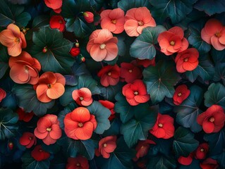 Vibrant Red Begonias Close-Up in Double Exposure Garden Silhouette