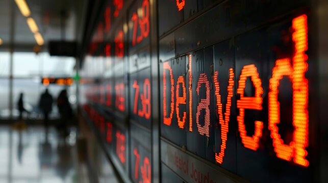 An airport departure board displays multiple flights labeled as "Delayed" made with Ai generative technology