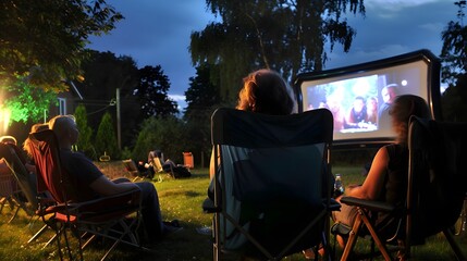 Families enjoy an outdoor movie night under the twilight, sitting on lawn chairs and watching a film projected on a large screen.