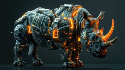 Cyborg Rhinoceros Warrior An awe-inspiring cyborg rhinoceros warrior, a stunning blend of organic and technological prowess, featuring a formidable mechanical frame and glowing cybernetic systems, re