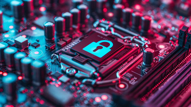 An intricate motherboard design with a digital padlock overlay, symbolizing login security and verified credentials.