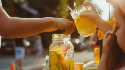 Close-up of kids at an outdoor lemonade stand, pouring refreshing lemonade and collecting money on a sunny day.