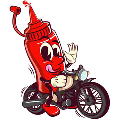 vector vintage illustration of cute ketchup bottle mascot character riding a big motorcycle, work of hand drawn