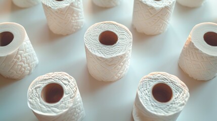 Toilet paper rolls on white color background, above view