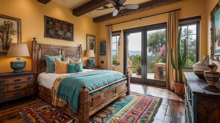 An elegant Southwestern bedroom with pale yellow walls and dark wood floors The room features a wooden bed with a turquoise blanket