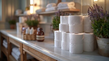 Fototapeta premium Toilet paper rolls stacked on marble table, close up view