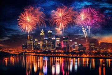 Vibrant Fireworks Skyline of a City by River