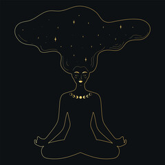 Sorceress sitting in lotus pose. Abstract meditating woman in golden color. Celestial magical art. Vector illustration