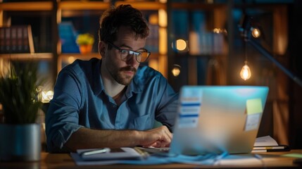 A financial planner working late at night, reviewing budgeting and investment strategies for clients
