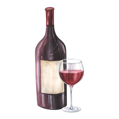 Bottle and glass of red wine watercolor illustration. Hand drawn isolated on white background. For restaurant, cafe, design, menu.