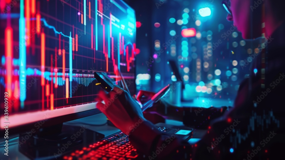 Poster A financial trader making decisions based on financial graphs and performance indicators, aiming for profitable trades